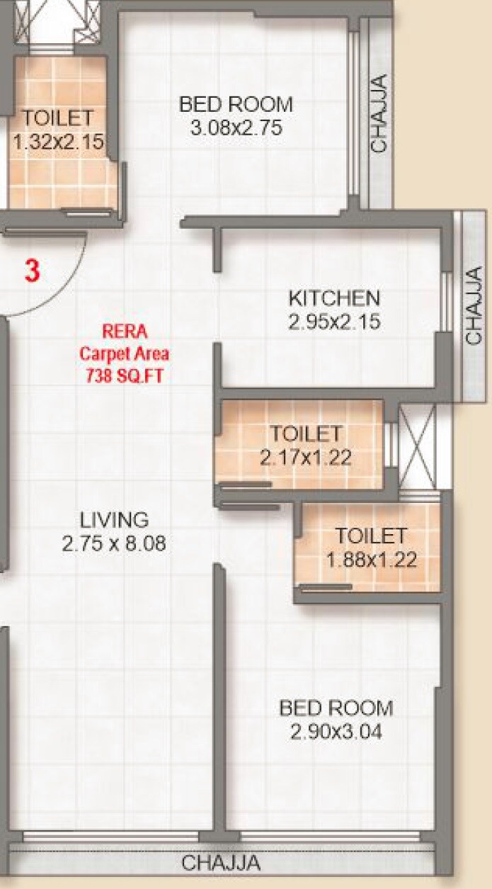 Floor plan of 3 BHK 738 Sq. Ft. Apartment in Arihant Shankheshwar Heights, Mumbai