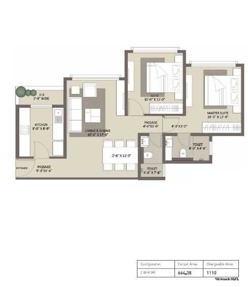 Floor plan of 2 BHK 664 Sq. Ft. Apartment in Ariisto Bellanza, Mumbai