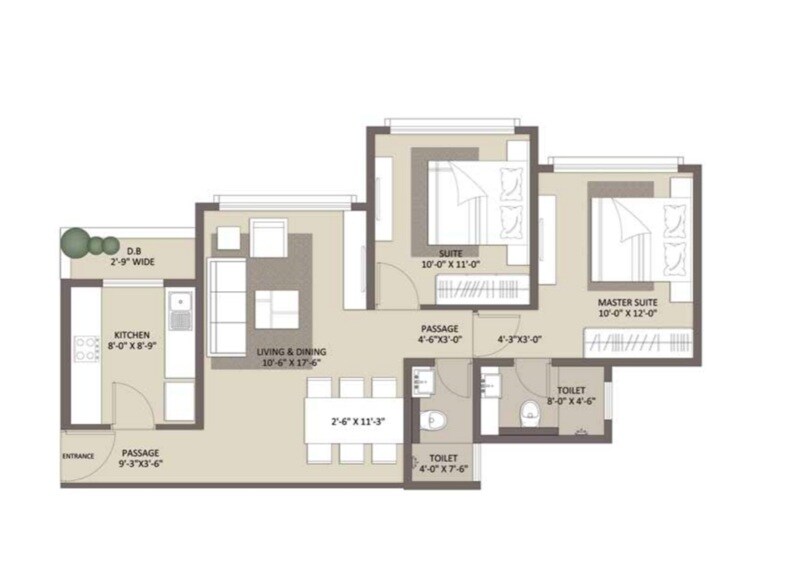 Floor plan of 2 BHK 739 Sq. Ft. Apartment in Ariisto Bellanza, Mumbai