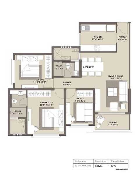 Floor plan of 2 BHK 831 Sq. Ft. Apartment in Ariisto Bellanza, Mumbai