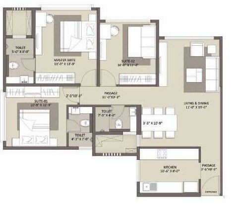 Floor plan of 3 BHK 931 Sq. Ft. Apartment in Ariisto Bellanza, Mumbai