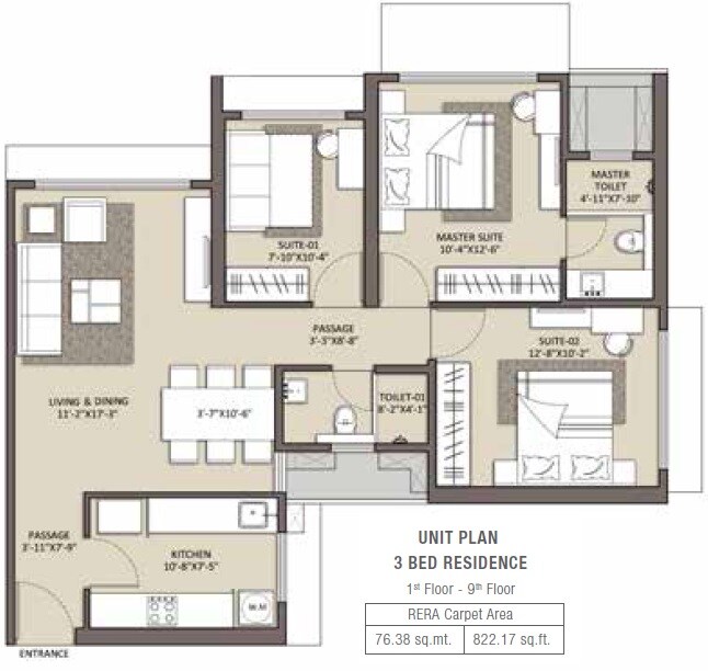 Floor plan of 3 BHK 822 Sq. Ft. Apartment in Ariisto Celestia, Mumbai