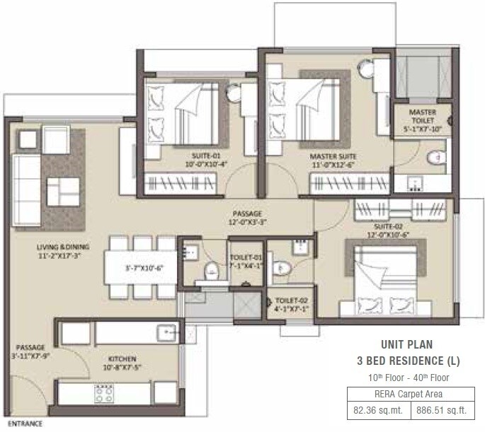 Floor plan of 3 BHK 887 Sq. Ft. Apartment in Ariisto Celestia, Mumbai