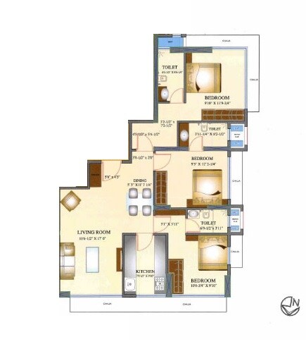 Floor plan of 3 BHK 880 Sq. Ft. Apartment in Aristo 1515 Moneco, Mumbai