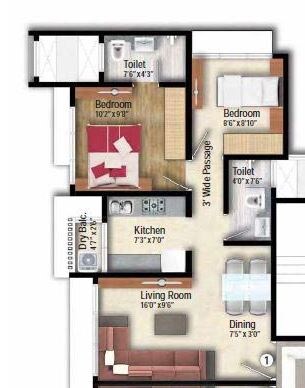 Floor plan of 2 BHK 612 Sq. Ft. Apartment in Arkade Adornia, Mumbai