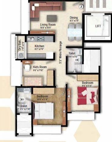 Floor plan of 2 BHK 614 Sq. Ft. Apartment in Arkade Adornia, Mumbai