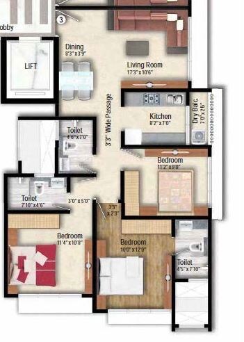 Floor plan of 3 BHK 802 Sq. Ft. Apartment in Arkade Adornia, Mumbai