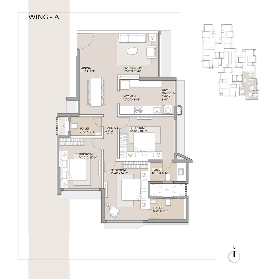Floor plan of 3 BHK 1058 Sq. Ft. Apartment in Arkade Aspire, Mumbai