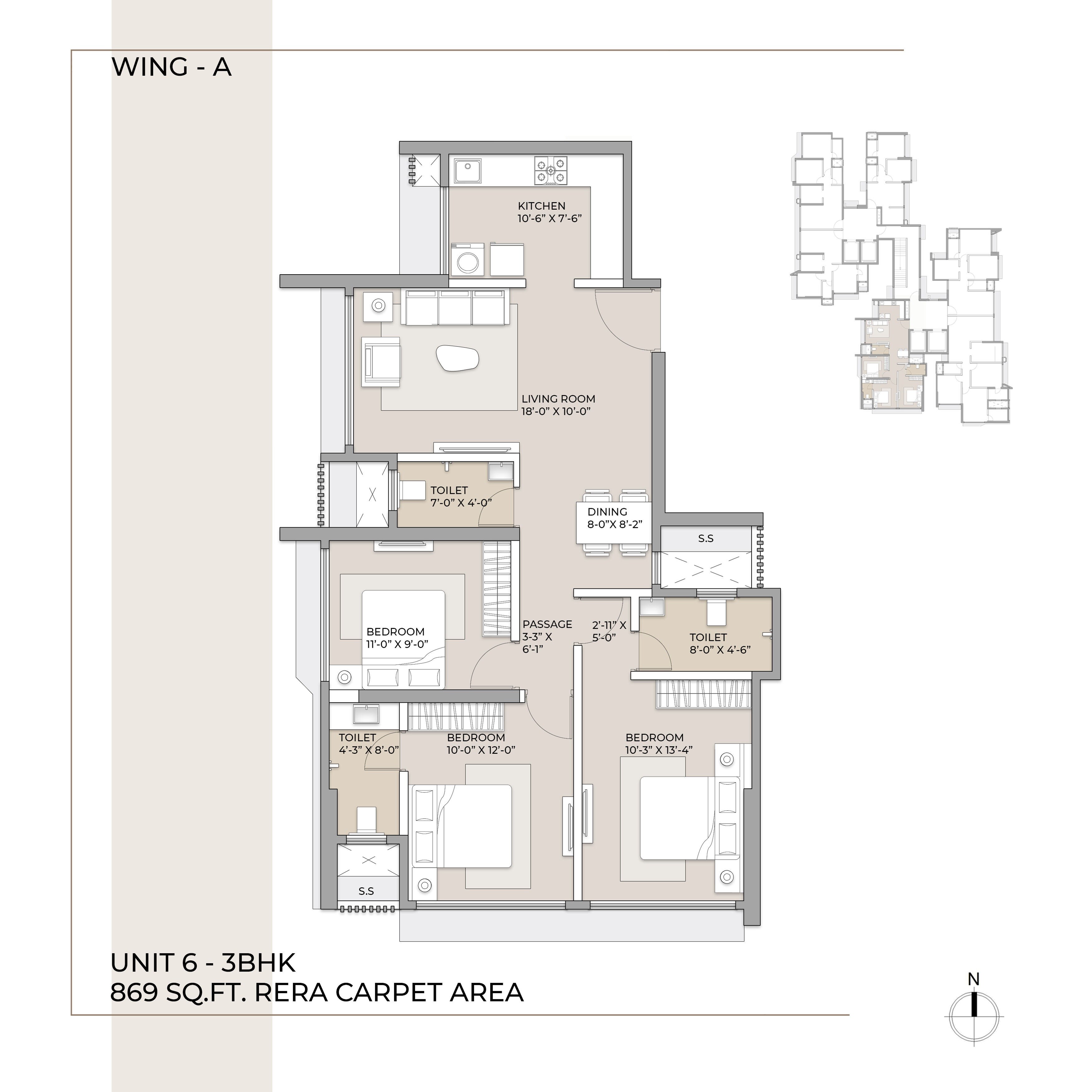 Floor plan of 3 BHK 869 Sq. Ft. Apartment in Arkade Aspire, Mumbai