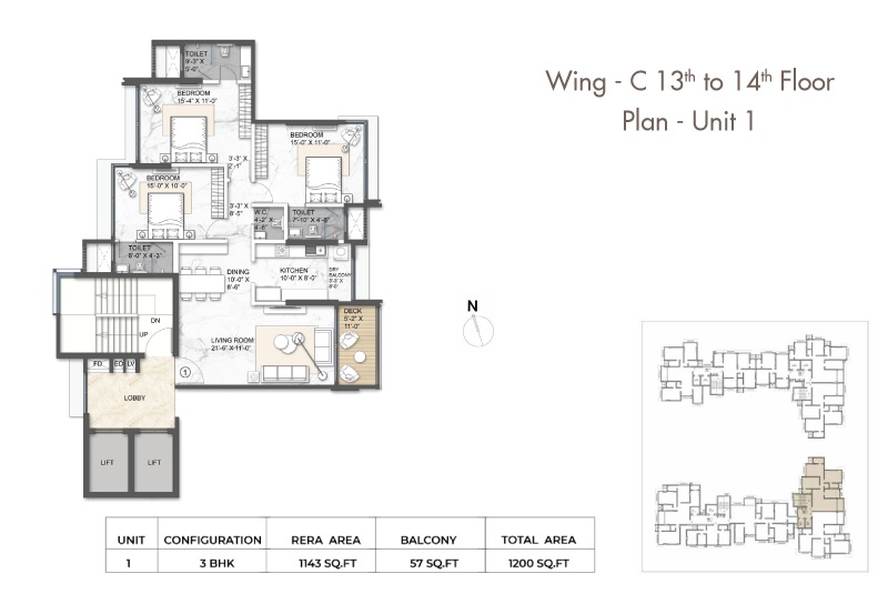 3 BHK 1200 Sq. Ft. Apartment in Arkade Aura