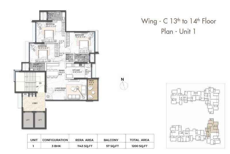 Floor plan of 3 BHK 1265 Sq. Ft. Apartment in Arkade Aura, Mumbai