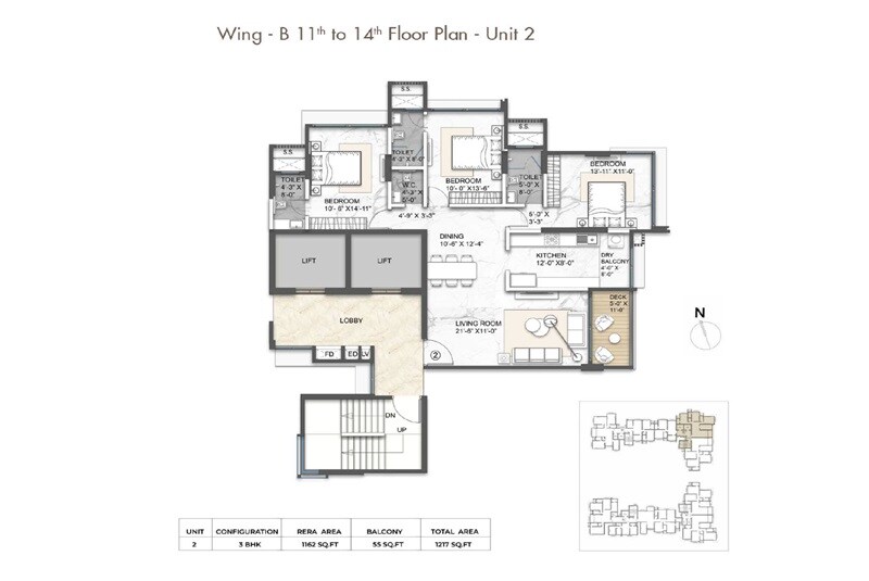 Floor plan of 3 BHK 1217 Sq. Ft. Apartment in Arkade Aura, Mumbai