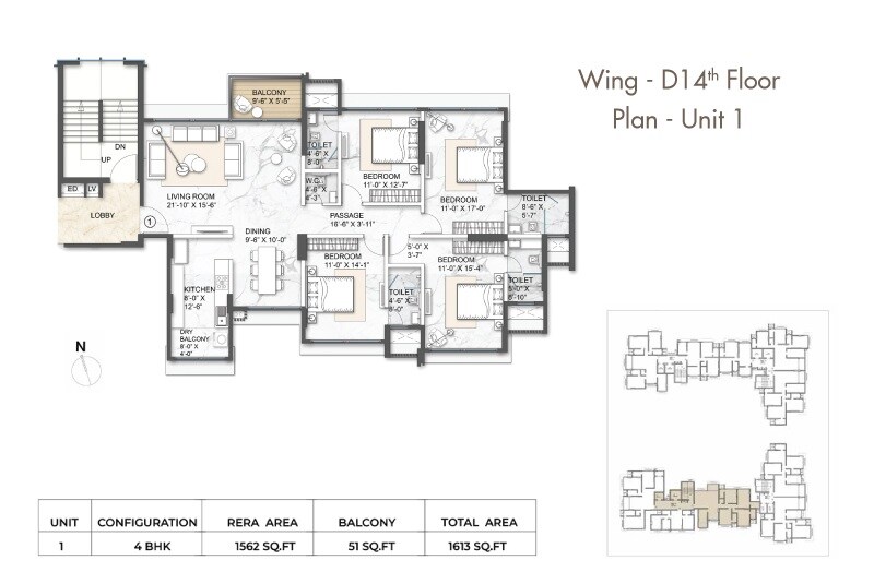 Floor plan of 4 BHK 1600 Sq. Ft. Apartment in Arkade Aura, Mumbai