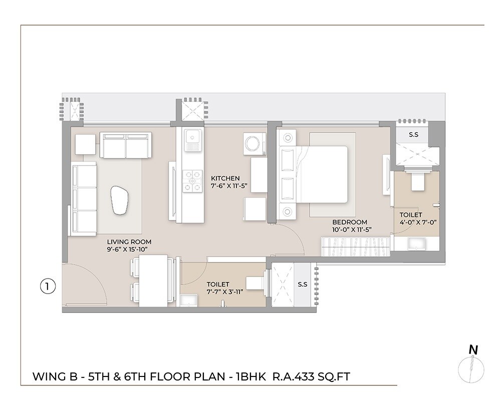 Floor plan of 1 BHK 433 Sq. Ft. Apartment in Arkade Crown, Mumbai