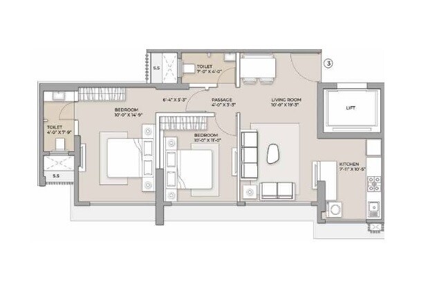 Floor plan of 2 BHK 720 Sq. Ft. Apartment in Arkade Crown, Mumbai