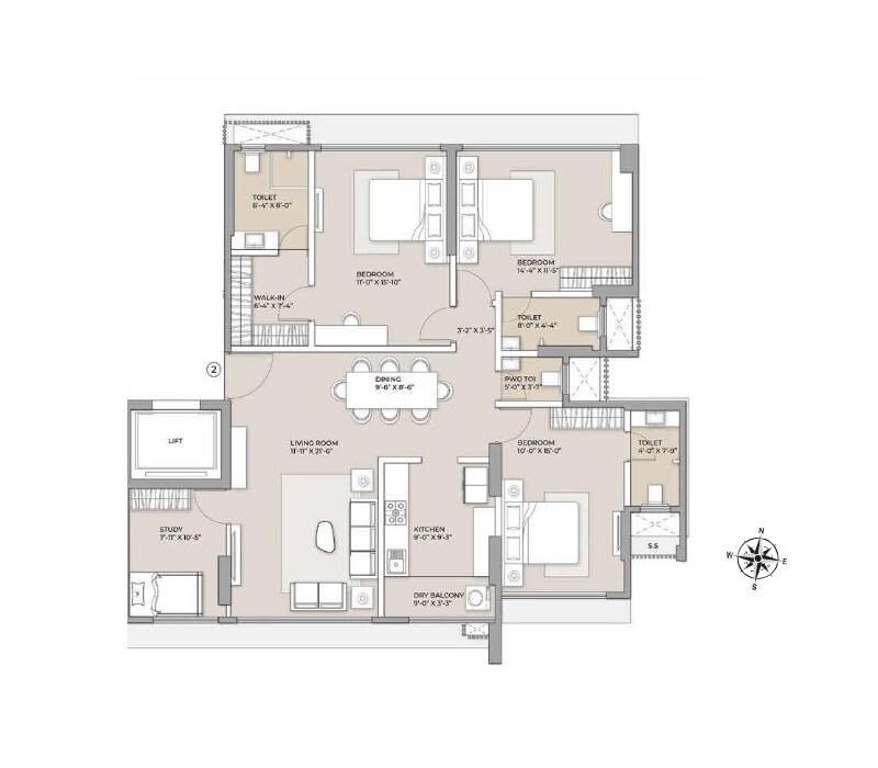 Floor plan of 3 BHK 1289 Sq. Ft. Apartment in Arkade Crown, Mumbai
