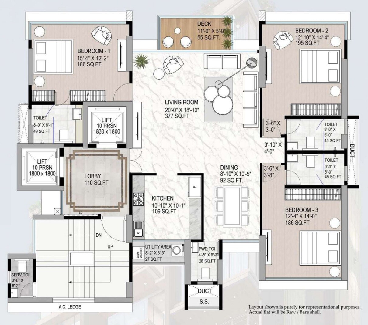 Floor plan of 3 BHK Apartment - 1119 sq. ft. in Arkade Darshan, Mumbai
