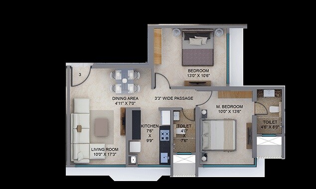Floor plan of 2 BHK 694 Sq. Ft. Apartment in Arkade Earth, Mumbai