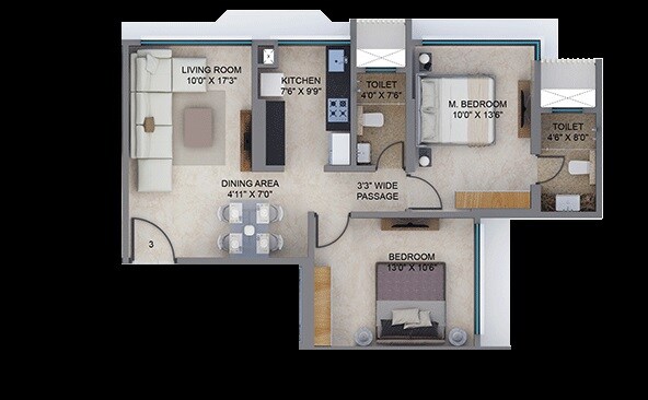 Floor plan of 2 BHK 682 Sq. Ft. Apartment in Arkade Earth, Mumbai
