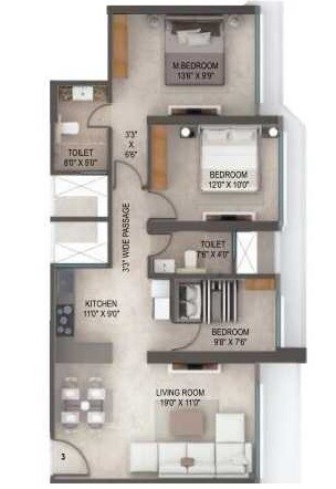 Floor plan of 3 BHK 929 Sq. Ft. Apartment in Arkade Earth, Mumbai