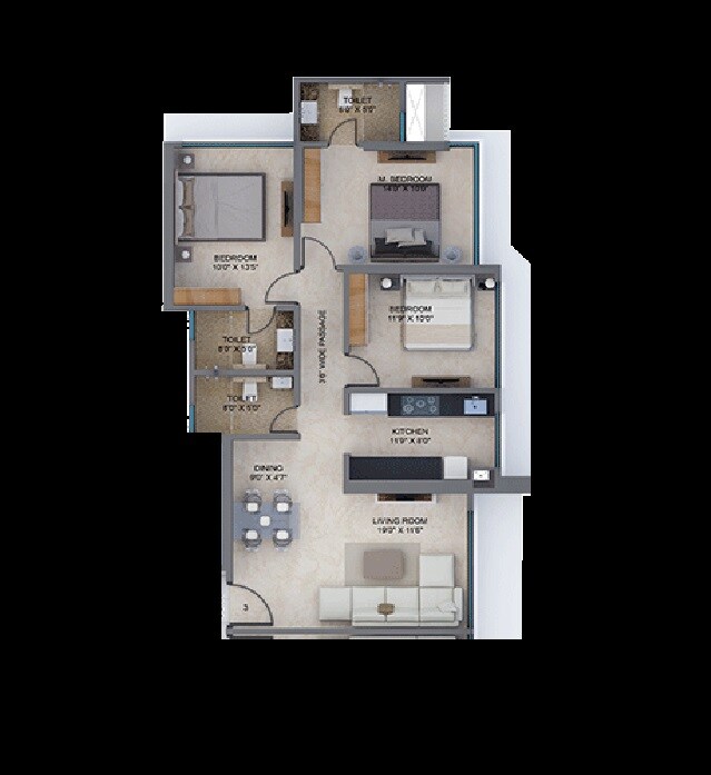 Floor plan of 3 BHK 1099 Sq. Ft. Apartment in Arkade Earth Daffodil, Mumbai