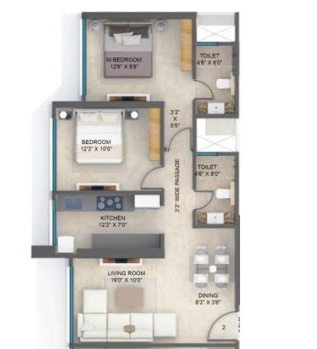 Floor plan of 2 BHK 707 Sq. Ft. Apartment in Arkade Earth Ebony, Mumbai