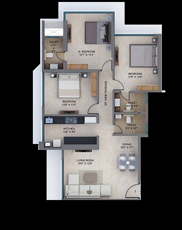 Floor plan of 3 BHK 784 Sq. Ft. Apartment in Arkade Earth Ebony, Mumbai