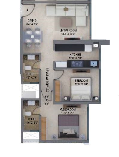 Floor plan of 2 BHK 677 Sq. Ft. Apartment in Arkade Earth Fern, Mumbai