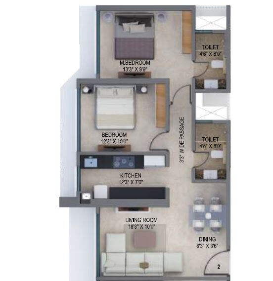 Floor plan of 2 BHK 707 Sq. Ft. Apartment in Arkade Earth Fern, Mumbai
