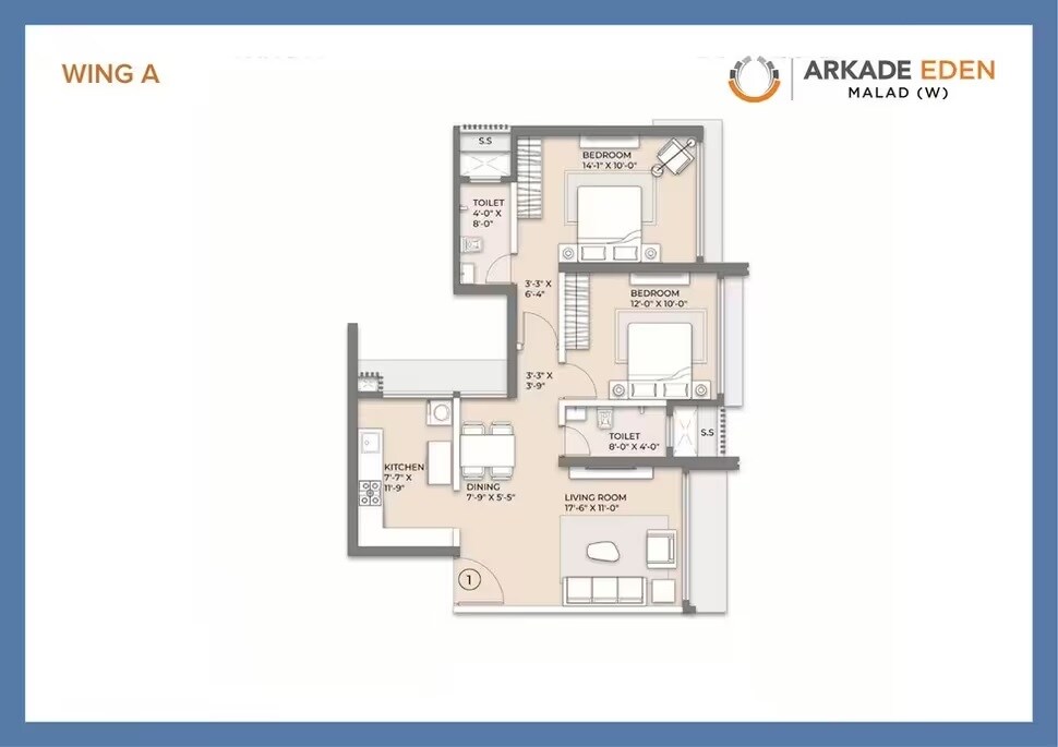 Floor plan of 2 BHK 728 Sq. Ft. Apartment in Arkade Eden, Mumbai