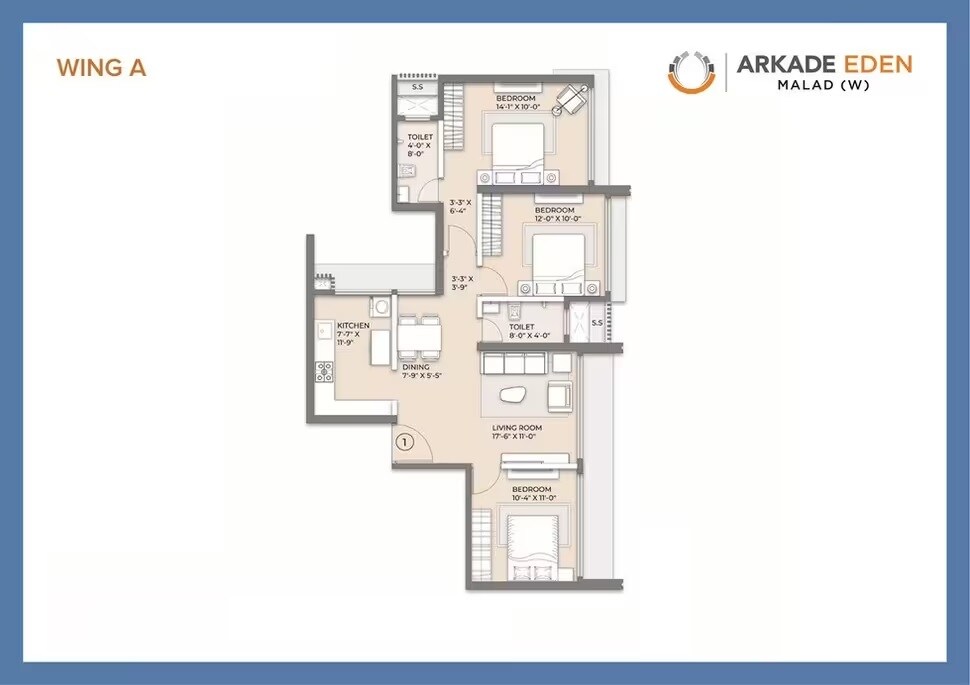 Floor plan of 3 BHK 838 Sq. Ft. Apartment in Arkade Eden, Mumbai