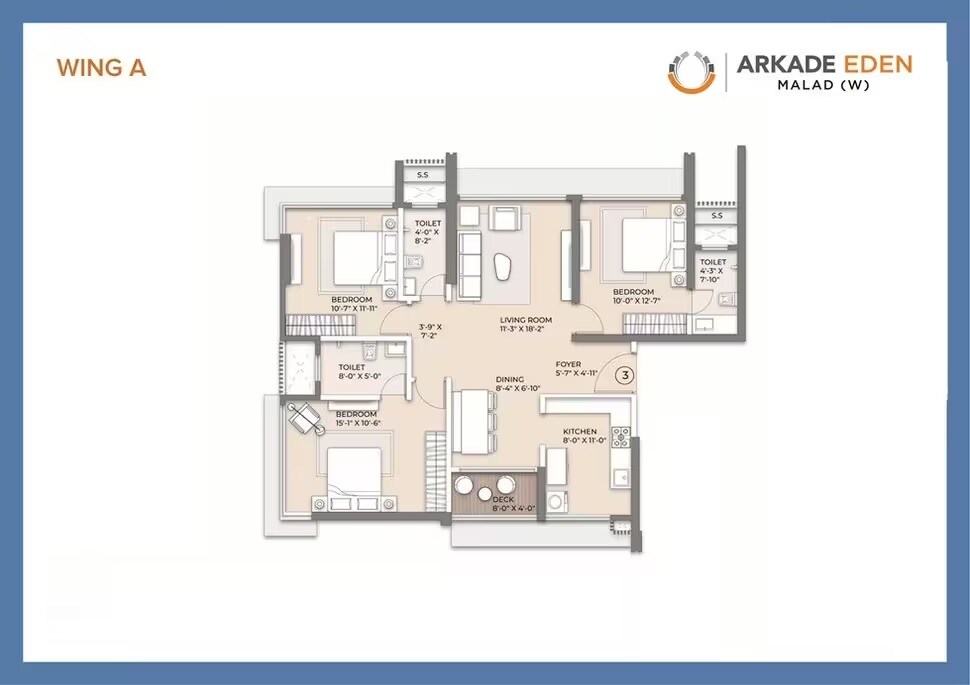 Floor plan of 3 BHK 1023 Sq. Ft. Apartment in Arkade Eden, Mumbai