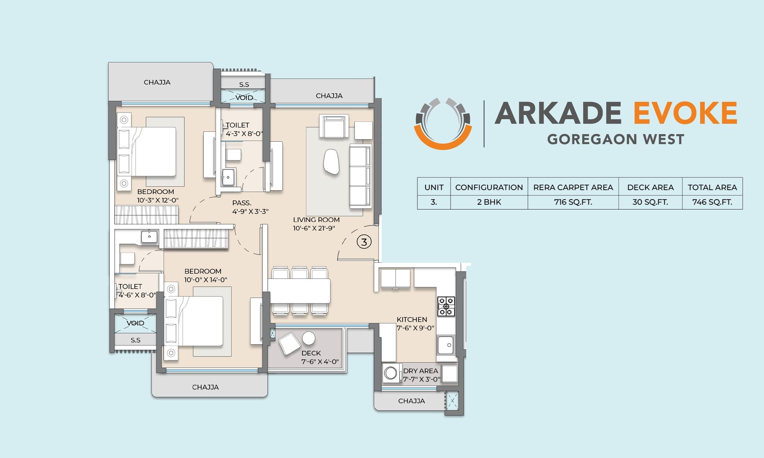 Floor plan of 2 BHK 746 Sq. Ft. Apartment in Arkade Evoke, Mumbai