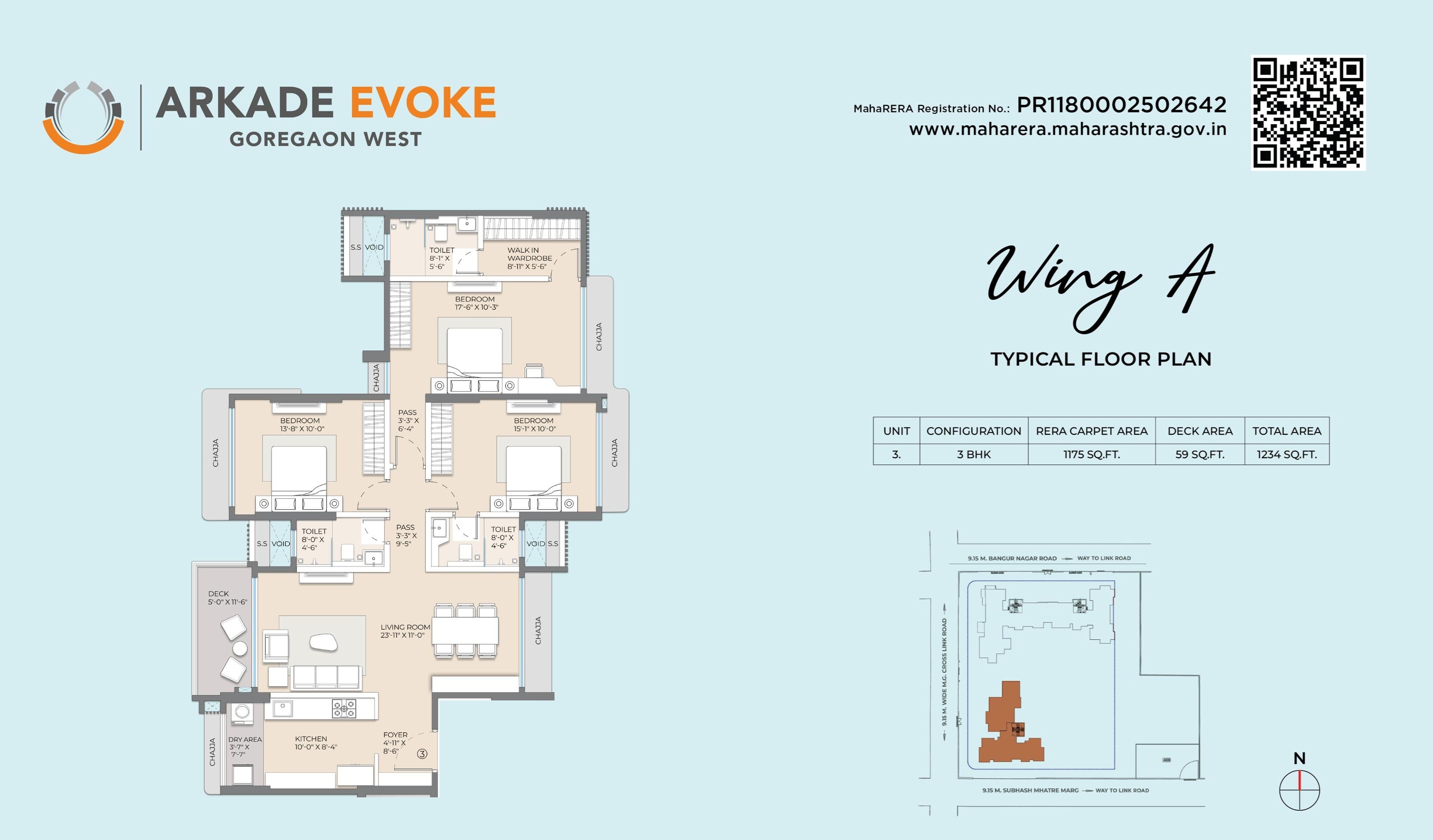 Floor plan of 3 BHK 1234 Sq. Ft. Apartment in Arkade Evoke, Mumbai