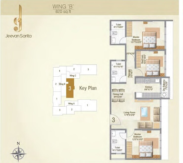 Floor plan of 3 BHK Apartment - 820 sq. ft. in Arkade Jeevan Sarita, Mumbai