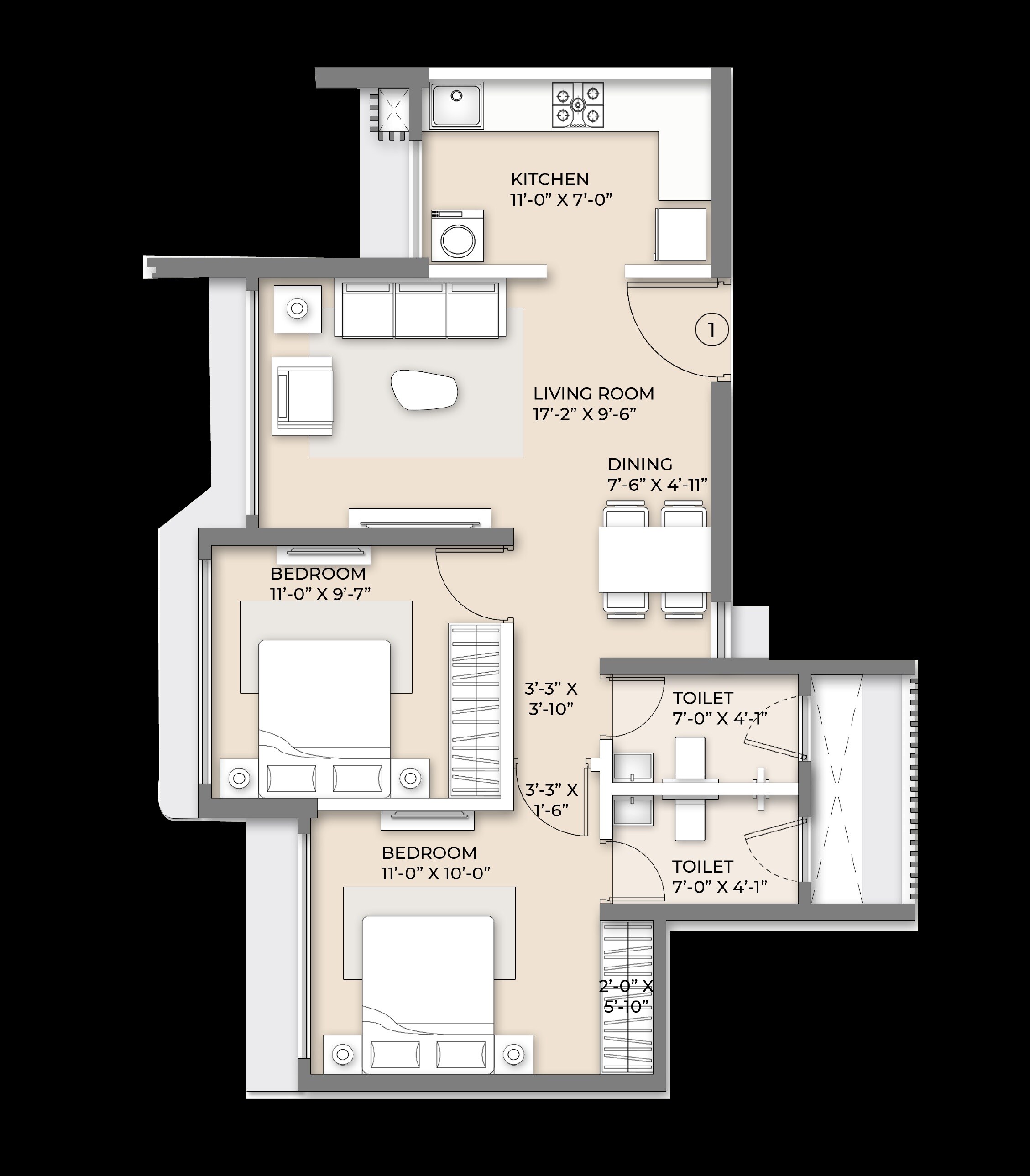Floor plan of 2 BHK 570 Sq. Ft. Apartment in Arkade Nest, Mumbai