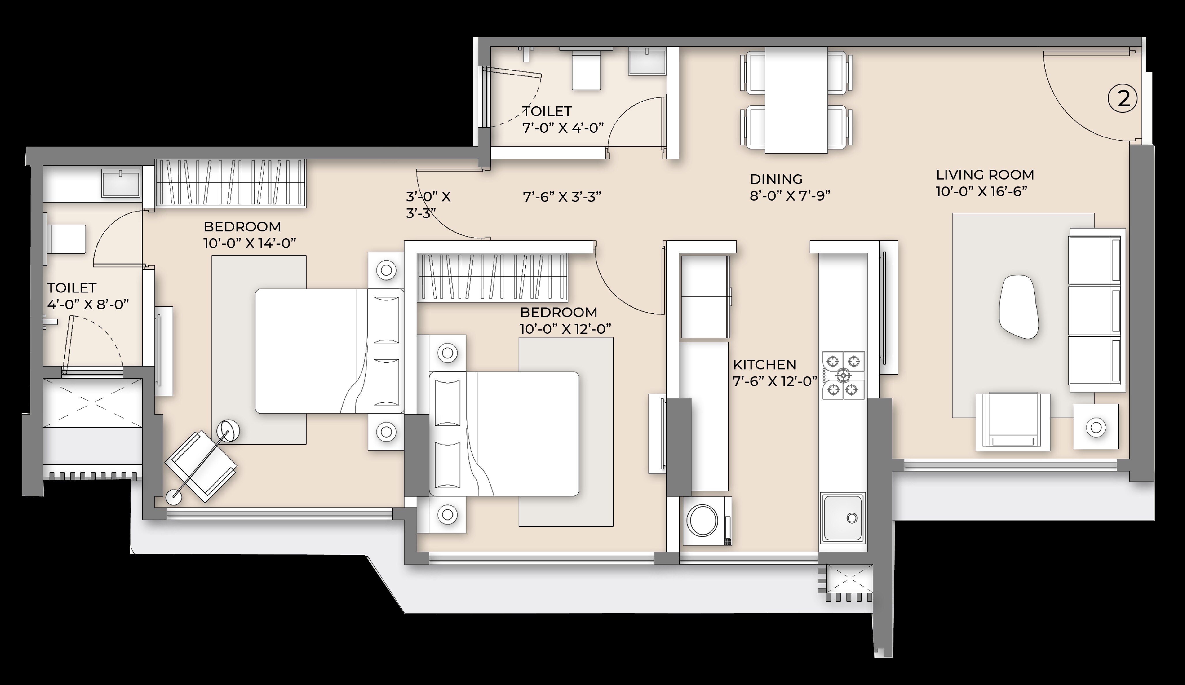 2 BHK 745 Sq. Ft. Apartment