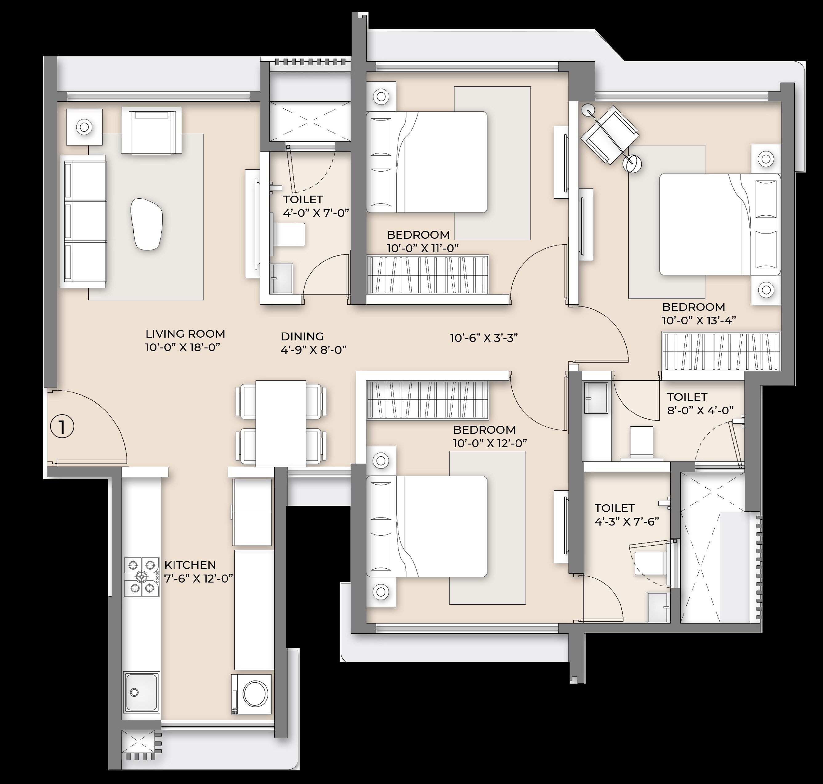 Floor plan of 3 BHK 854 Sq. Ft. Apartment in Arkade Nest, Mumbai