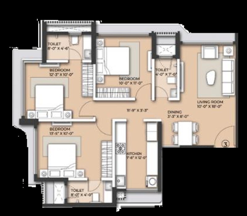 Floor plan of 3 BHK 1007 Sq. Ft. Apartment in Arkade Nest, Mumbai