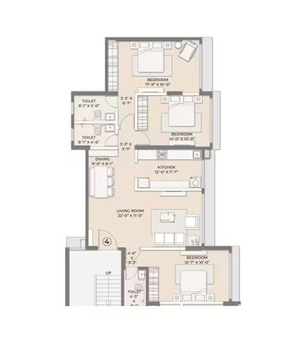 Floor plan of 3 BHK Apartment - 1070 sq. ft. in Arkade Pearl, Mumbai