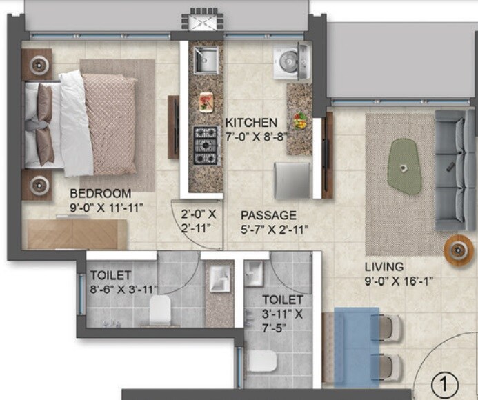 Floor plan of 1 BHK 410 Sq. Ft. Apartment in Arkade Prime, Mumbai