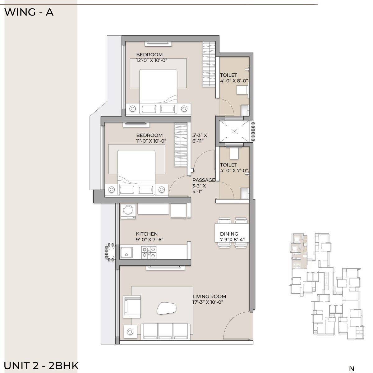 Floor plan of 2 BHK 659 Sq. Ft. Apartment in Arkade Prime, Mumbai