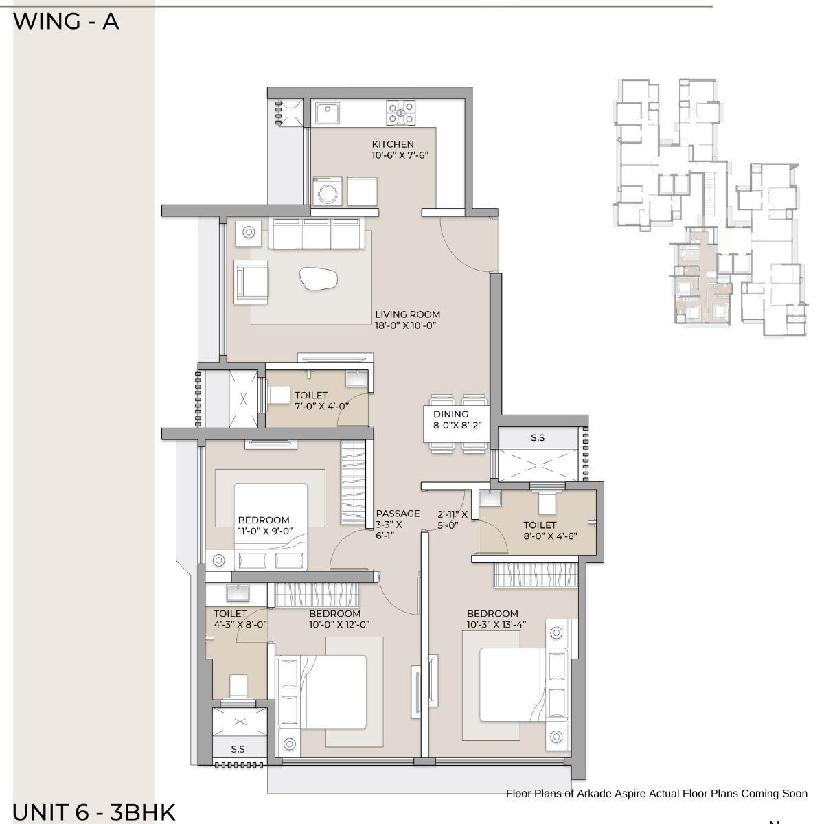 Floor plan of 3 BHK 830 Sq. Ft. Apartment in Arkade Prime, Mumbai
