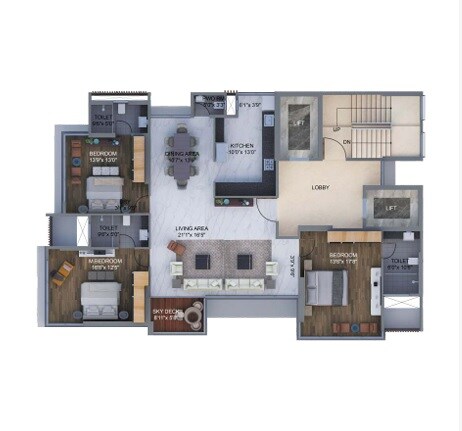 Floor plan of 3 BHK 1750 Sq. Ft. Apartment in Arkade Rise, Mumbai
