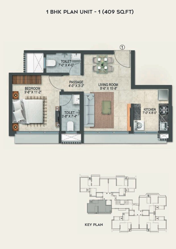 Floor plan of 1 BHK 409 Sq. Ft. Apartment in Arkade Serene, Mumbai