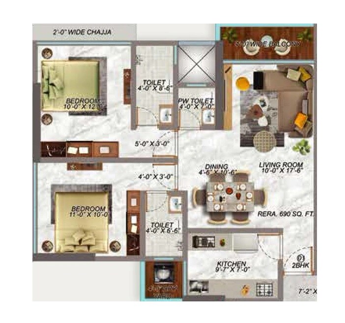 Floor plan of 2 BHK 690 Sq. Ft. Apartment in Artha 38 Avenue, Mumbai