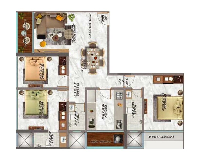 Floor plan of 3 BHK 903 Sq. Ft. Apartment in Artha 38 Avenue, Mumbai