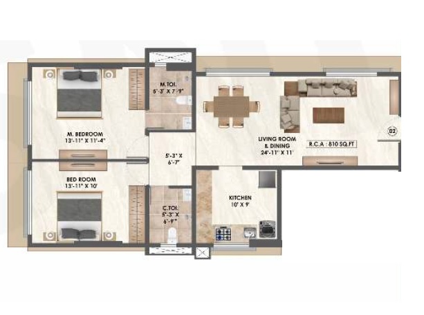 2 BHK 810 Sq. Ft. Apartment in Arunis 19 Degree North