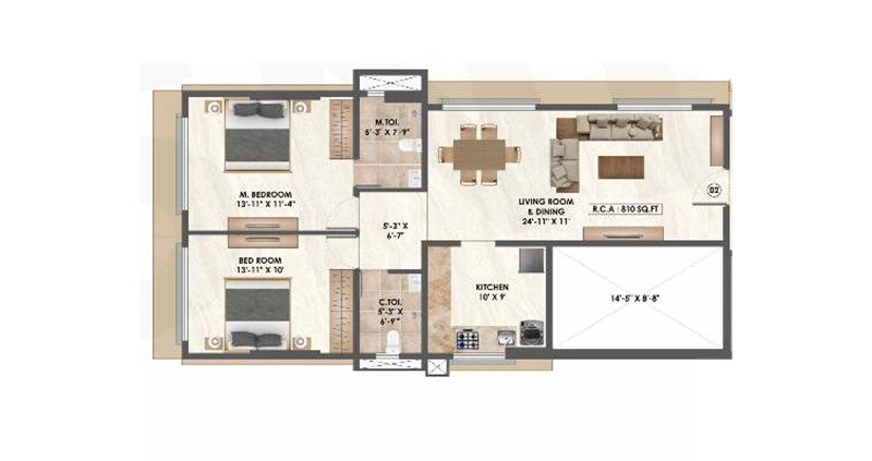 Floor plan of 2 BHK 810 Sq. Ft. Apartment in Arunis 19 Degree North, Mumbai