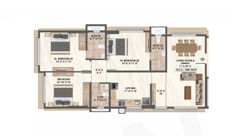Floor plan of 3 BHK 1005 Sq. Ft. Apartment in Arunis 19 Degree North, Mumbai